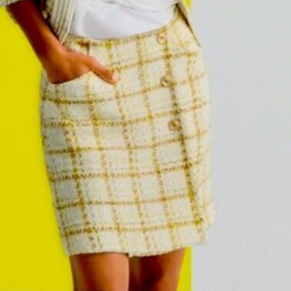 CAbi  Coco Chanel style Tweed Yellow and Cream Plaid A-Line Skirt Size 8 - Picture 1 of 9